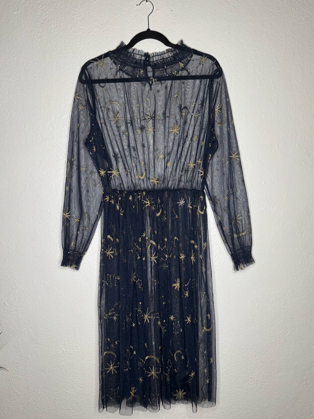 YM YOUMU Navy Sheer Long Sleeve Midi Chiffon Dress Gold Celestial Embroidery